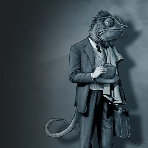 ilustracja kameleon jaszczurka kapelusz walizka