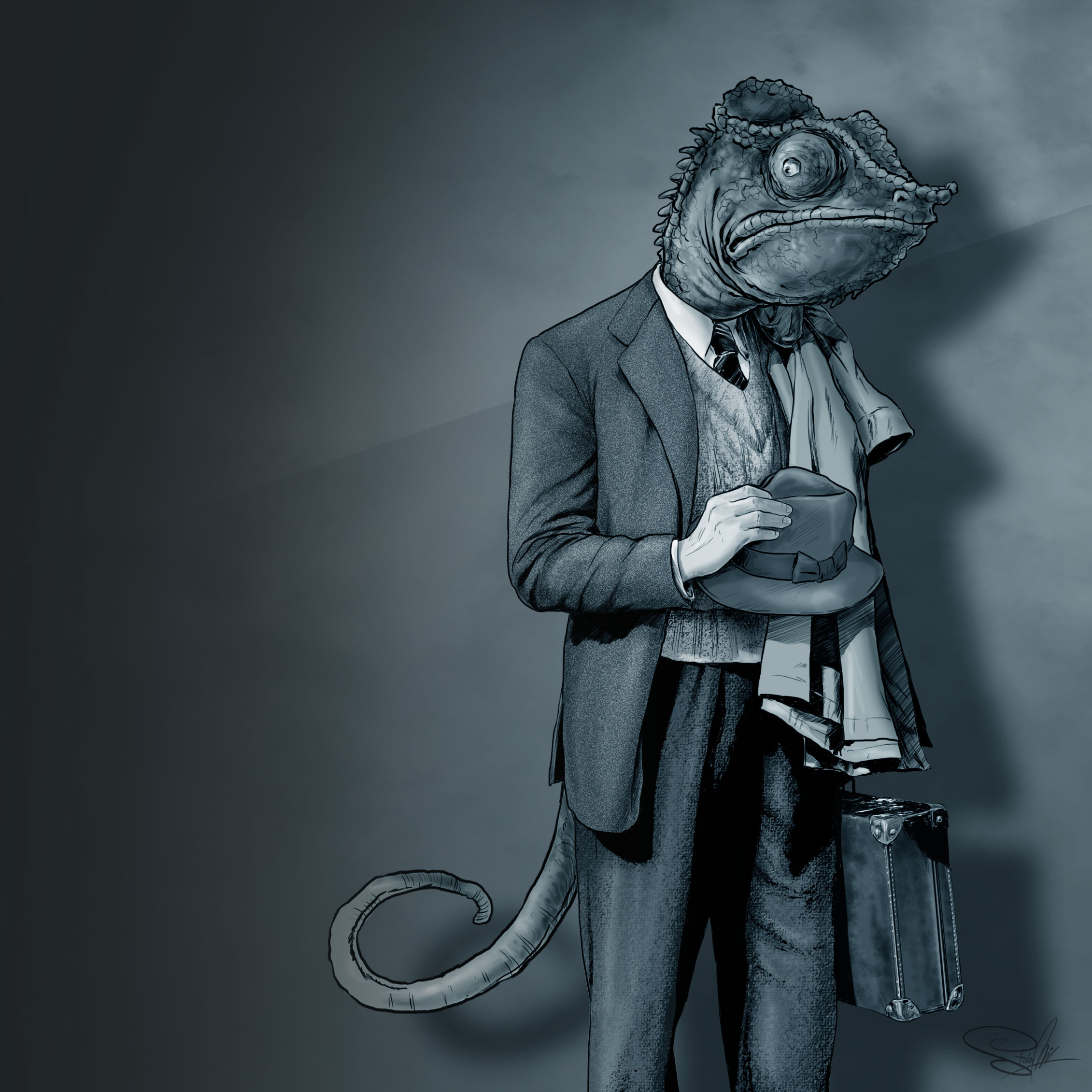 ilustracja kameleon jaszczurka kapelusz walizka