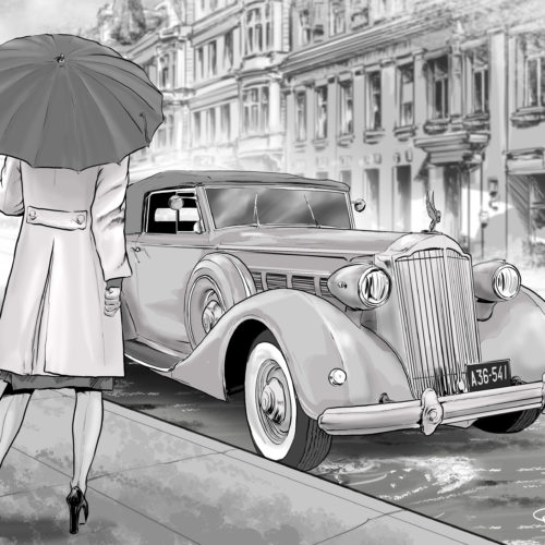 samochód kobieta parasol ilustracja