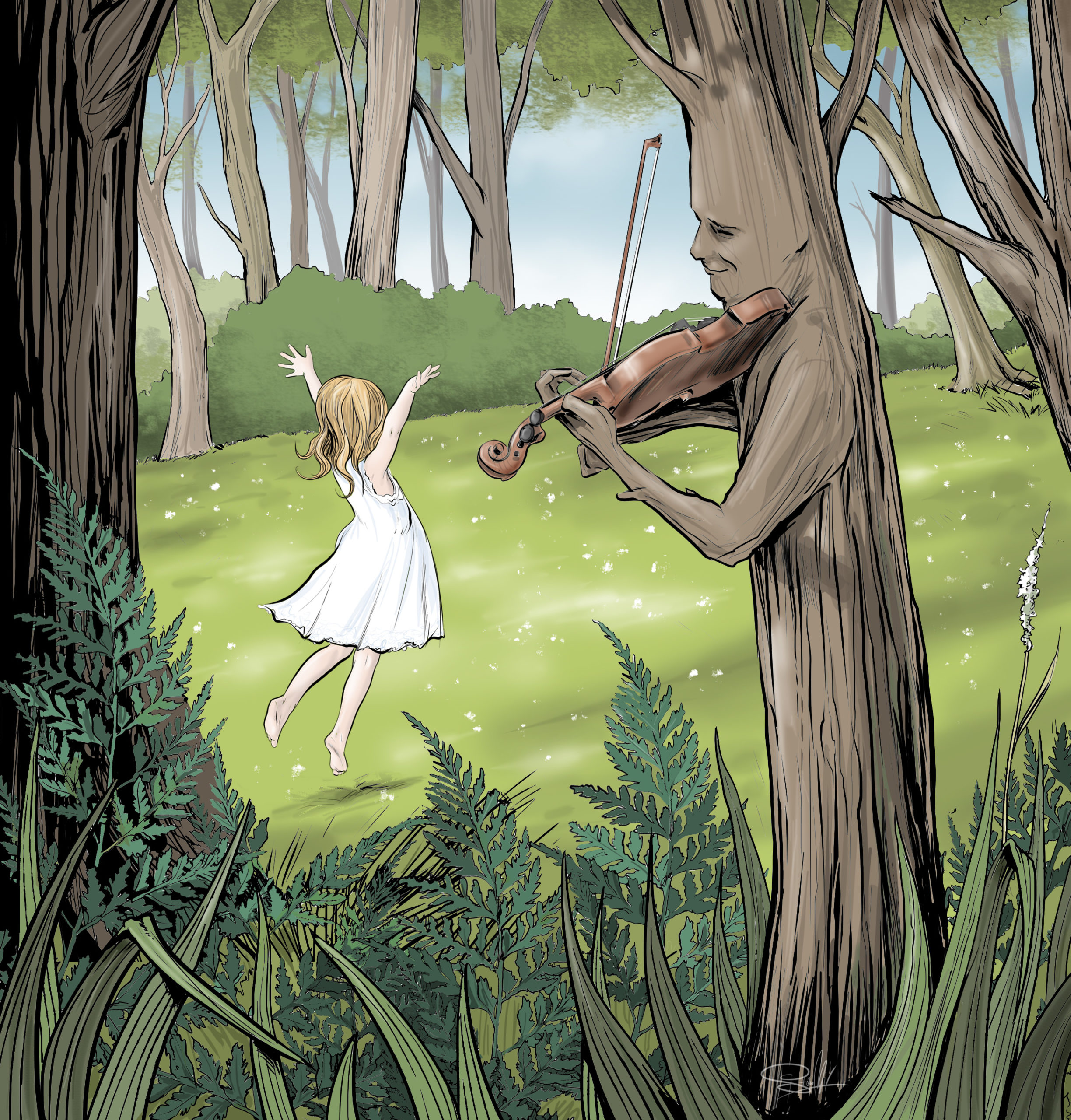 kolorowa ilustracja drzewo fantasy dziewczynka