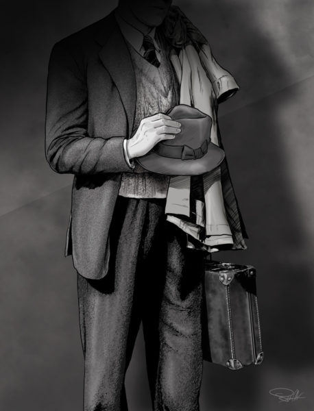 ilustracja mężczyzna kapelusz walizka