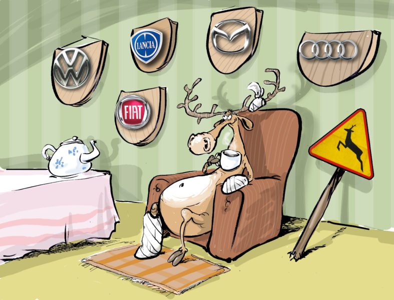 rysunek satyryczny łoś i jego trofea samochody