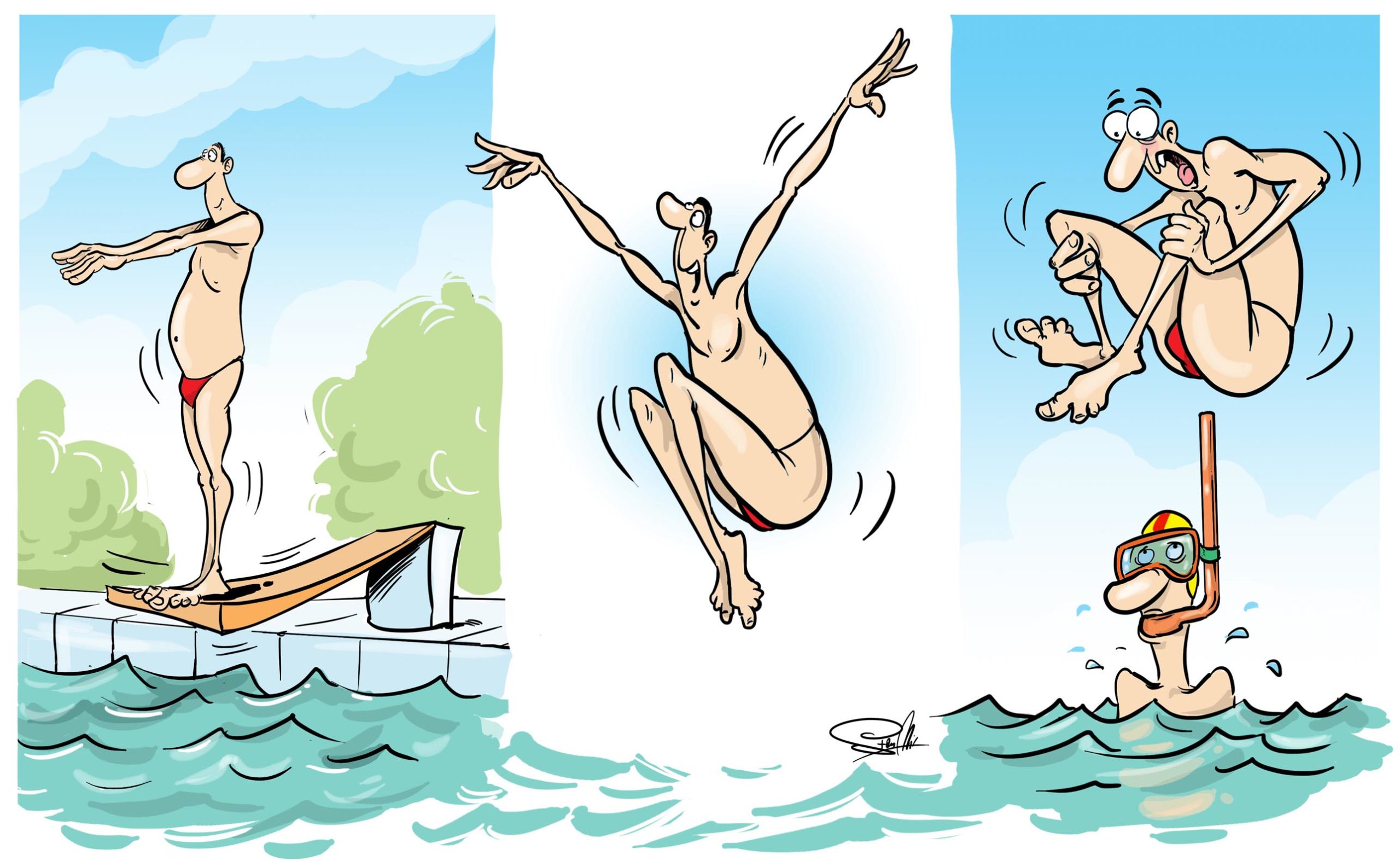 rysunek satyryczny skoczek basen nurkowanie z rurką pływanie