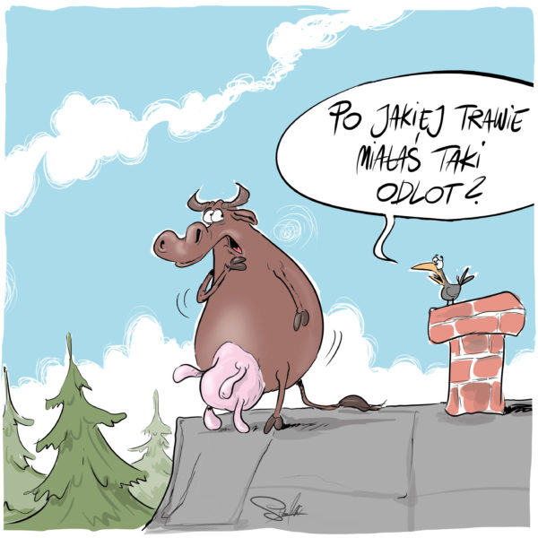 rysunek satyryczny krowa na dachu