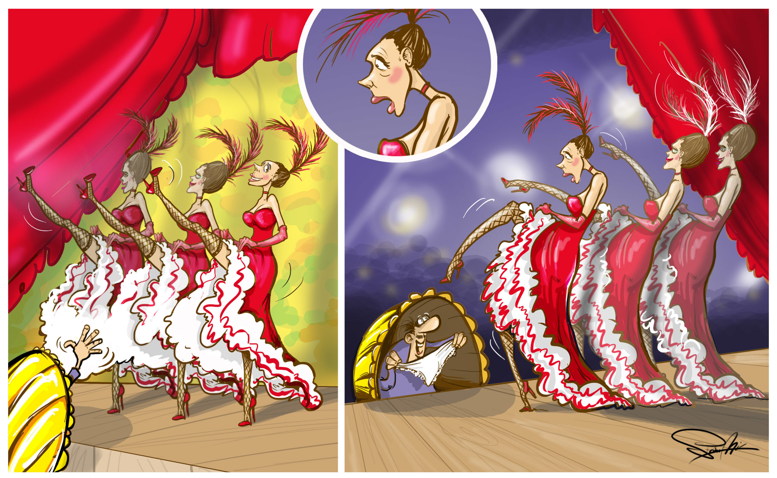 rysunek satyryczny kankan przedstawienie Moulin Rouge