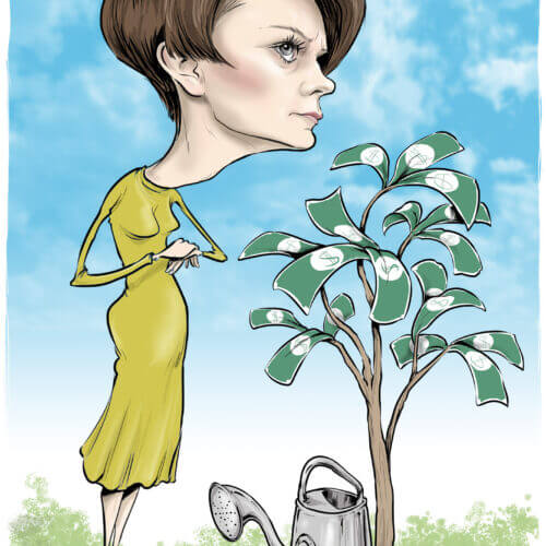karykatura emilewicz minister pieniądze na drzewie