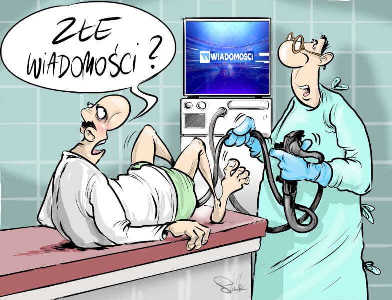 rysunek satyryczny złe wiadomości lekarz kolonoskopia