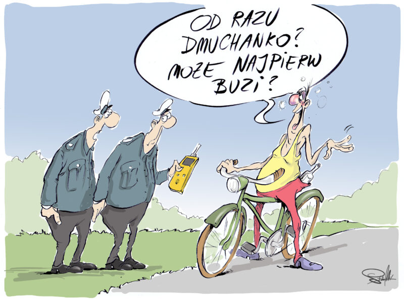 rysunek satyryczny zatrzymanie pijany rowerzysta policja