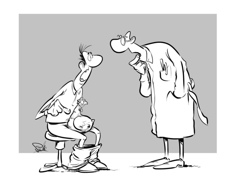 rysunek satyryczny kura złote jajka doktor lekarz