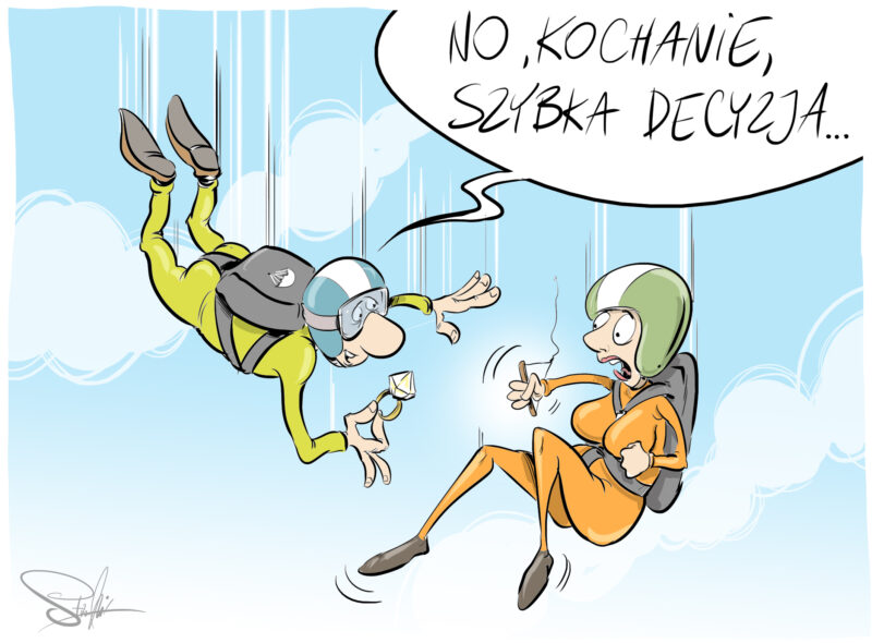 rysunek satyryczny skok ze spadochronem