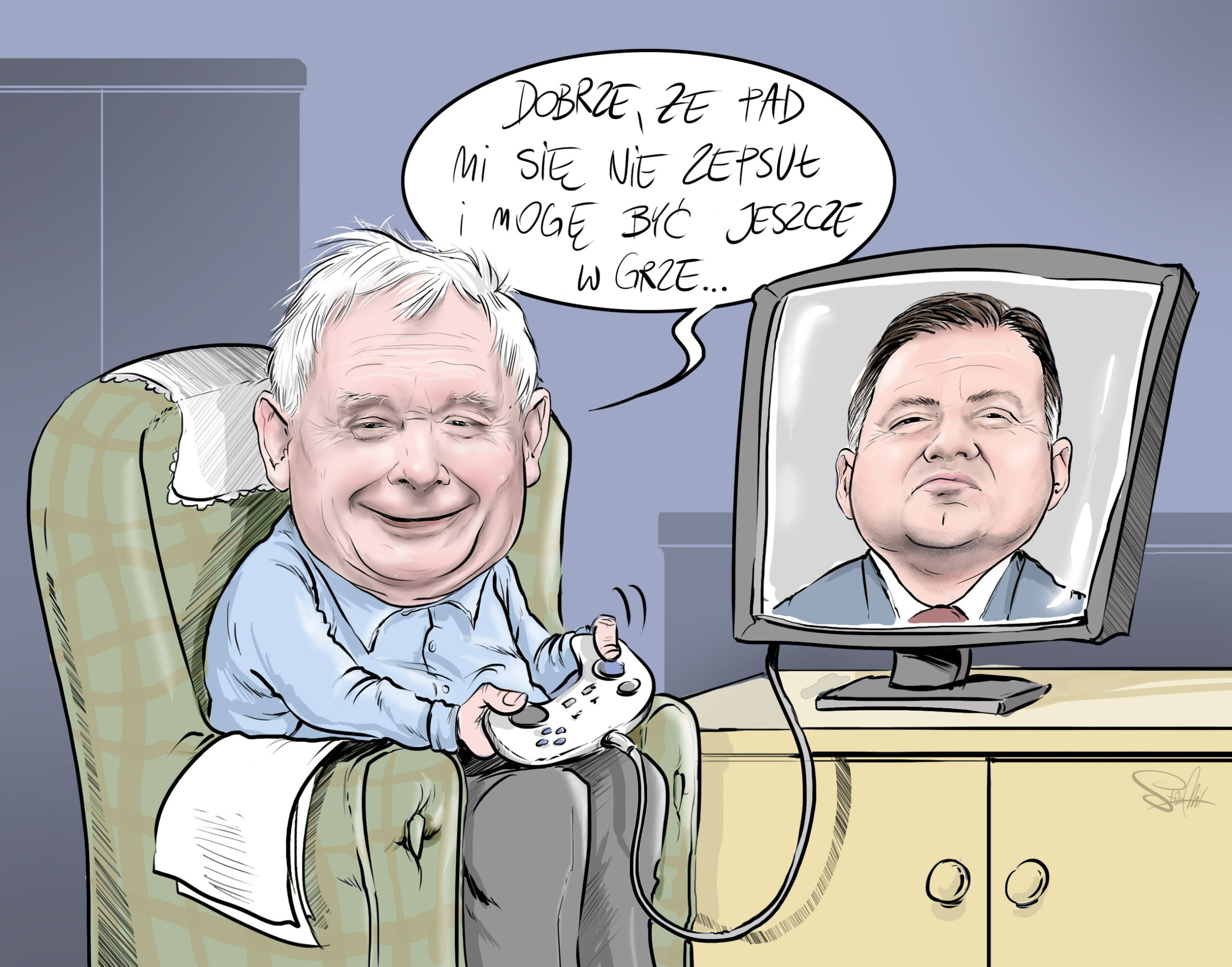 rysunek satyryczny Kaczyński duda telewizor gra na playstiacion