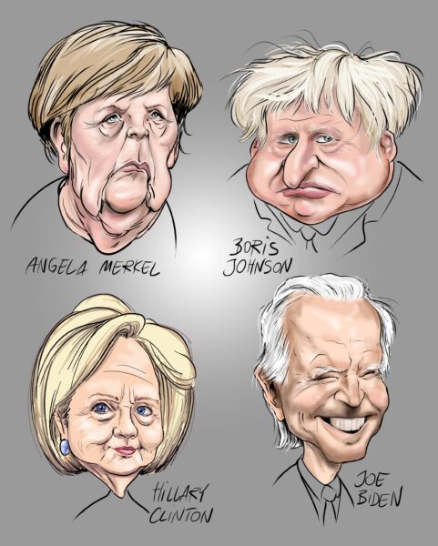 karykatura Merkel johnson biden Clinton portret
