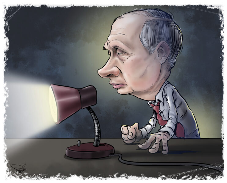 karykatura portret Putin prezydent Rosja przesłuchanie
